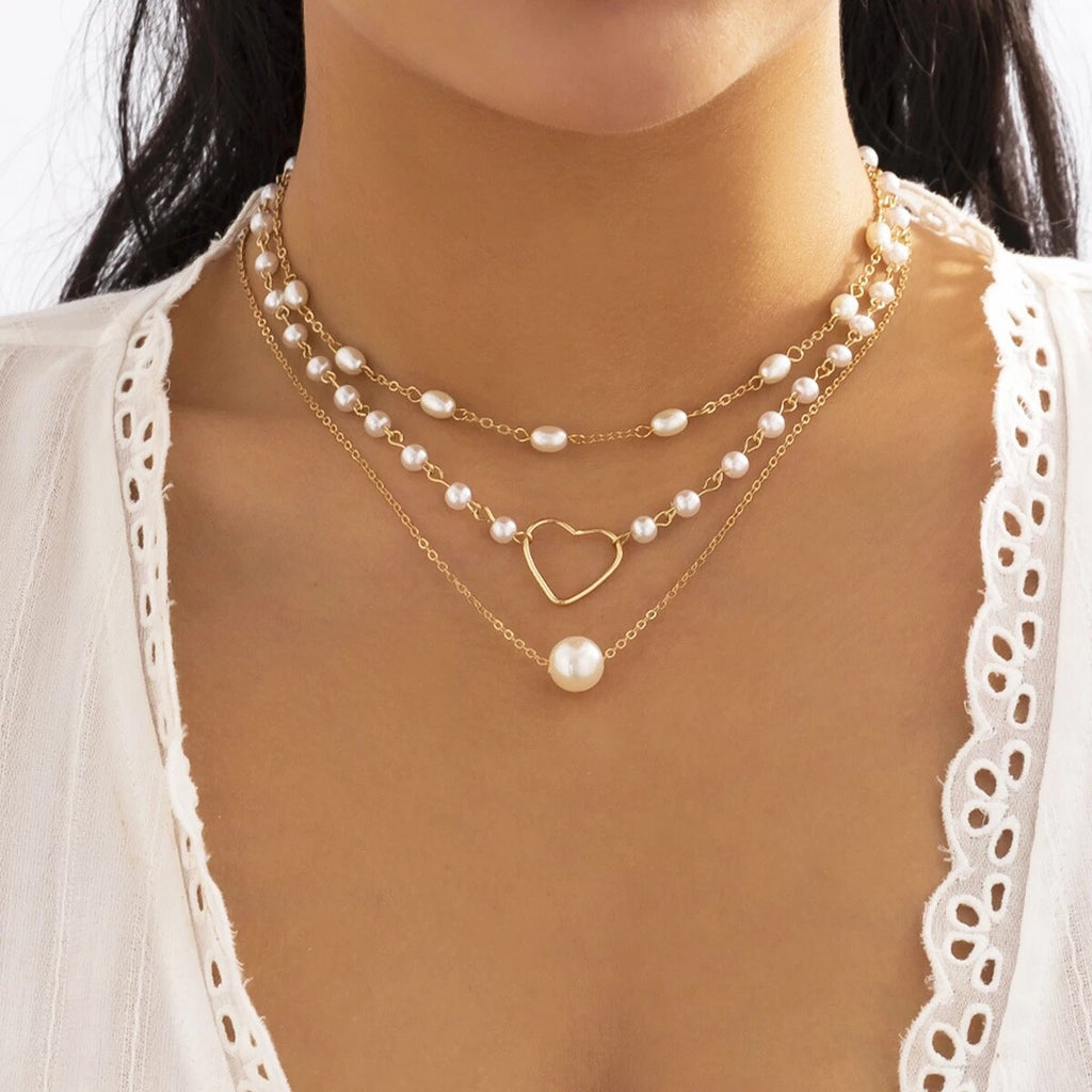 IngeSight.Z Multilayer Pearls Love Heart Pendant Necklace for Women Elegant Gold Color Party Wedding Necklace Jewelry Gift