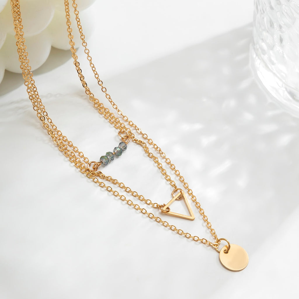 IngeSight.Z Multilayer Vintage Round Sequins Hollow Out Triangle Pendant Necklace for Women Boho Glass Beads Long Chest Chain