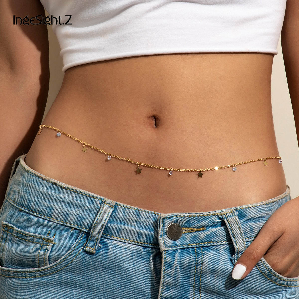 IngeSight.Z Multiple Pendant Star Love Heart Tassel Harness Belly Chain Sexy Rhinestone Imitation Pearl Waist Chain Body Jewelry