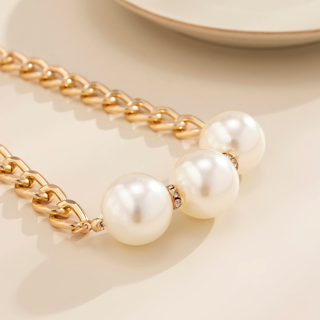 IngeSight.Z Punk Big Round Pearl Rhinestones Pendant Necklaces for Women Vintage Chunky Thick Curb Chain Choker Necklace Gift