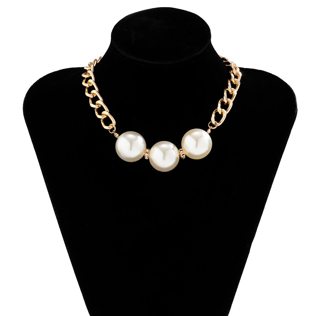 IngeSight.Z Punk Big Round Pearl Rhinestones Pendant Necklaces for Women Vintage Chunky Thick Curb Chain Choker Necklace Gift