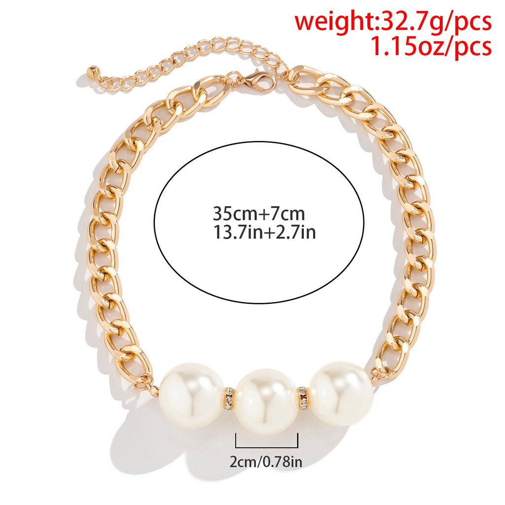 IngeSight.Z Punk Big Round Pearl Rhinestones Pendant Necklaces for Women Vintage Chunky Thick Curb Chain Choker Necklace Gift