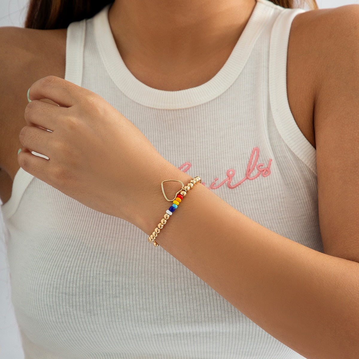 IngeSight.Z Punk CCB Plastic Colorful Beaded Chain Bracelets for Women Vintage Heart Pendant Bracelet on Hand Couple Jewelry