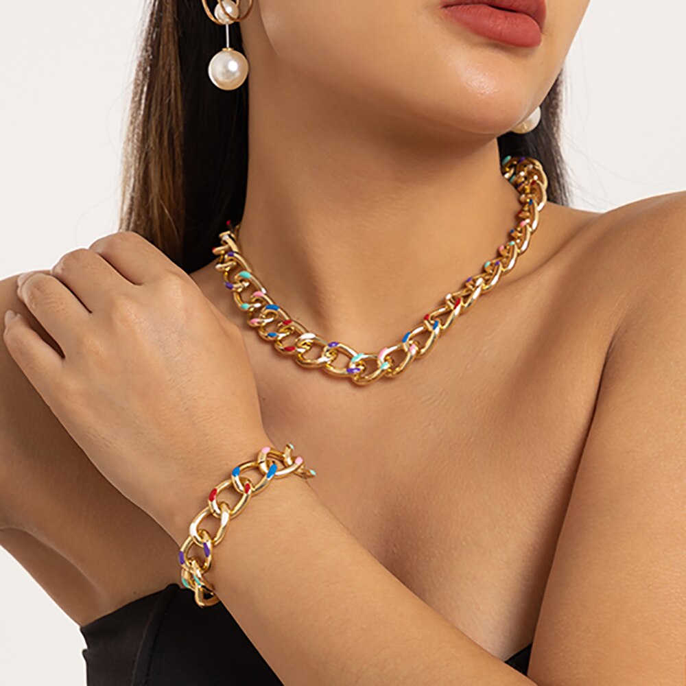 IngeSight.Z Punk Colorful Dripping Oil Chunky Cuban Chain Necklace for Women Vintage Gold Color Metal Wide Llink Choker Bracelet