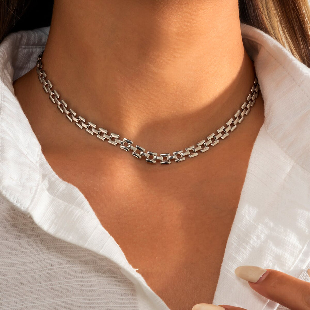 IngeSight.Z Punk Copper Flat Thin Snake Chain Choker Necklaces Multi Layered Gold Color Wide Link Chain Chunky Necklaces Jewelry