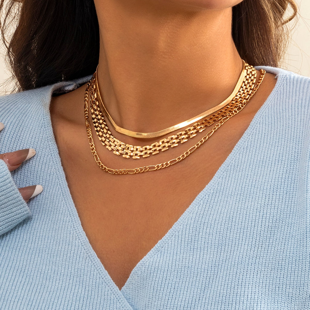 IngeSight.Z Punk Copper Flat Thin Snake Chain Choker Necklaces Multi Layered Gold Color Wide Link Chain Chunky Necklaces Jewelry