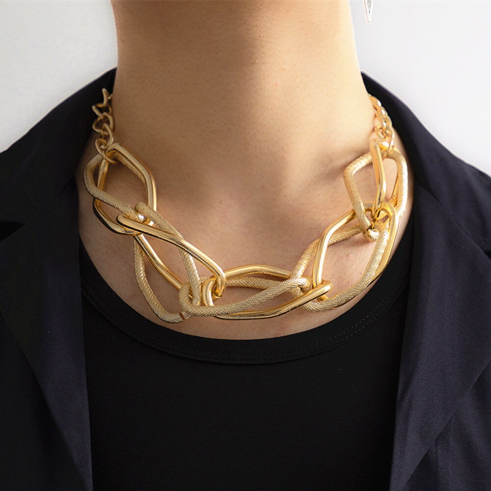 IngeSight.Z Punk Exaggerated Big Circle Chunky Interwoven Chain Necklace for Women Men Gothic Gold Color Clavicle Collar Neck