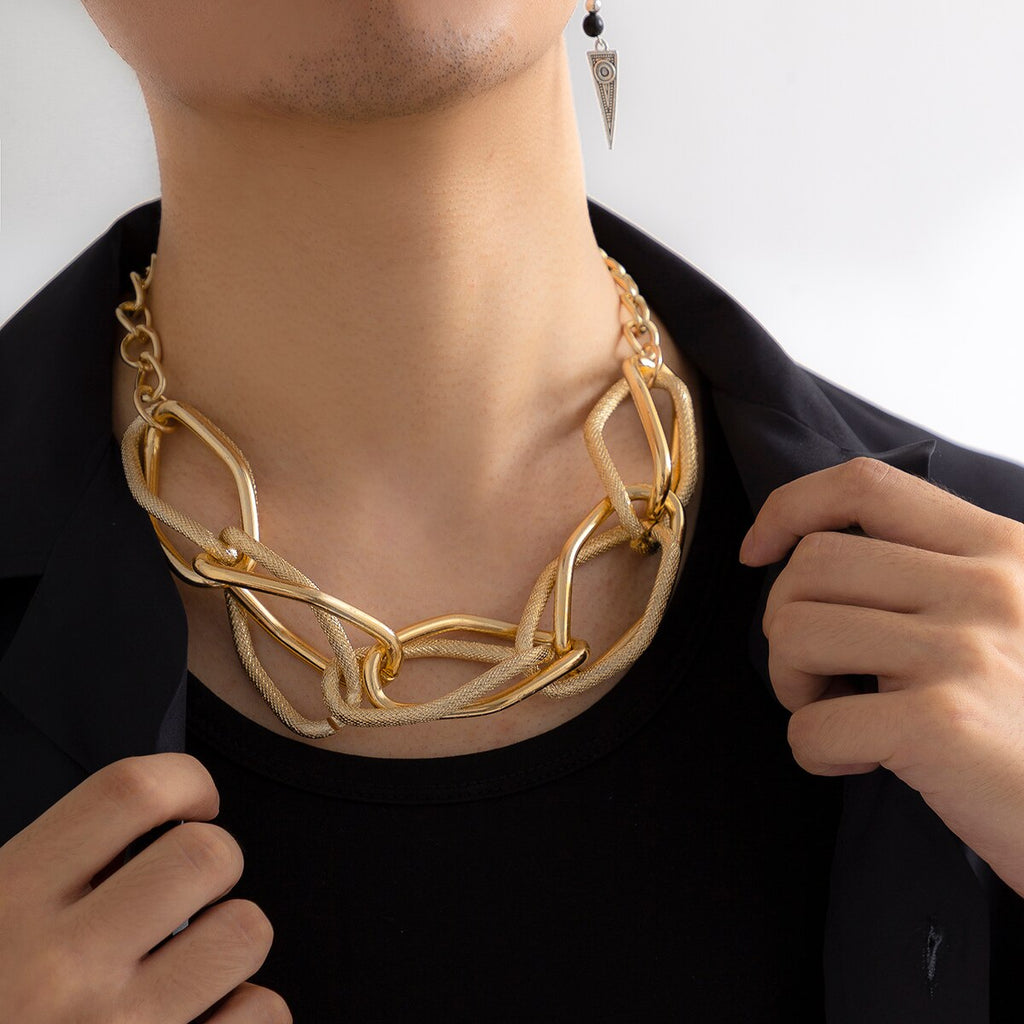 IngeSight.Z Punk Exaggerated Big Circle Chunky Interwoven Chain Necklace for Women Men Gothic Gold Color Clavicle Collar Neck