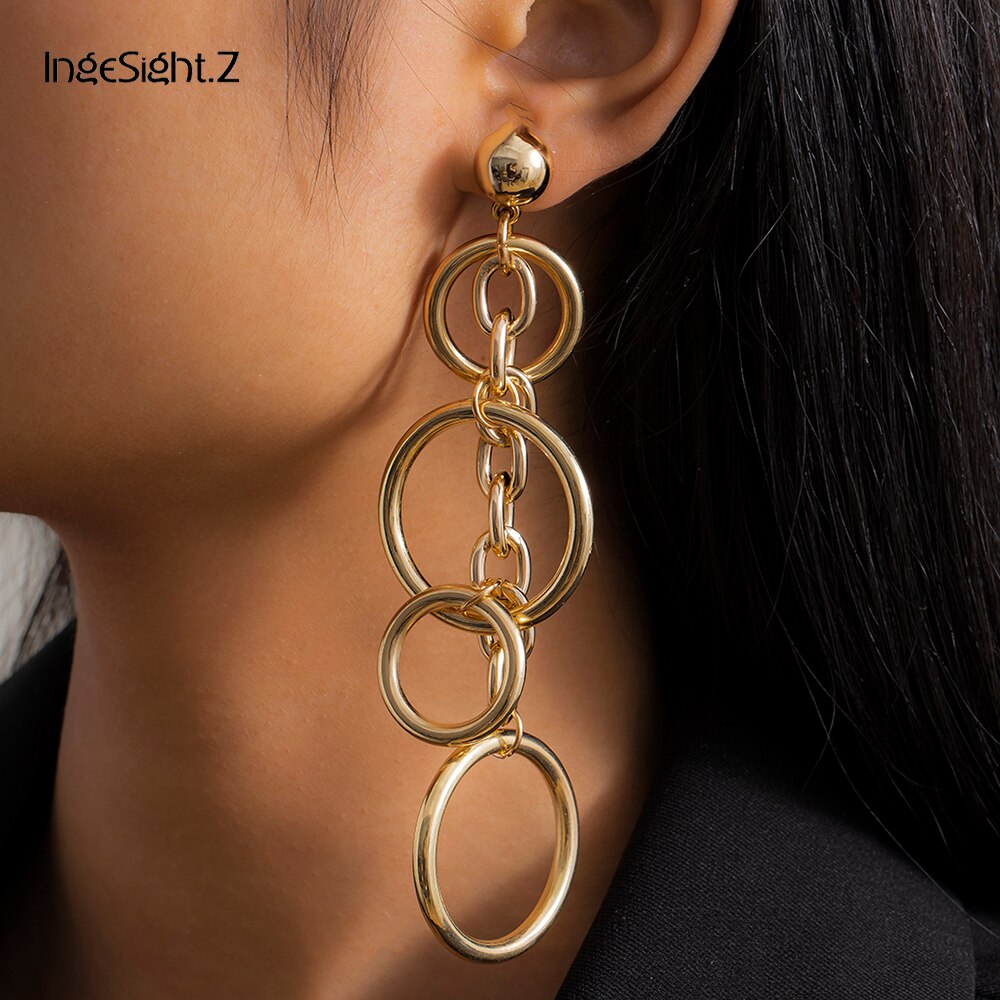 IngeSight.Z Punk Exaggerated Big Round Circle Drop Dangle Earrings Vintage Gold Color Link Chain Long Earrings for Women Jewelry