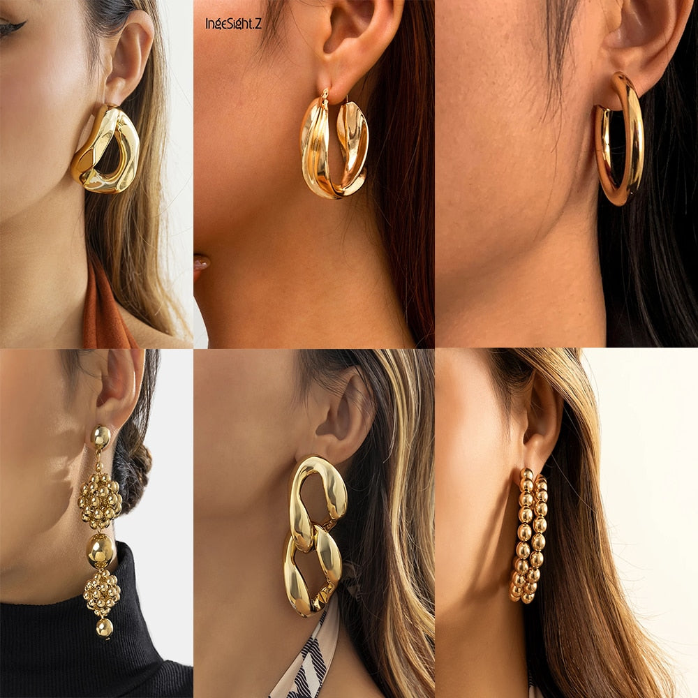 IngeSight.Z Punk Exaggerated Geometric Big Hoop Earrings for Women Vintage Gold Color CCB Ball Circle Loop Earrings Jewelry Gift