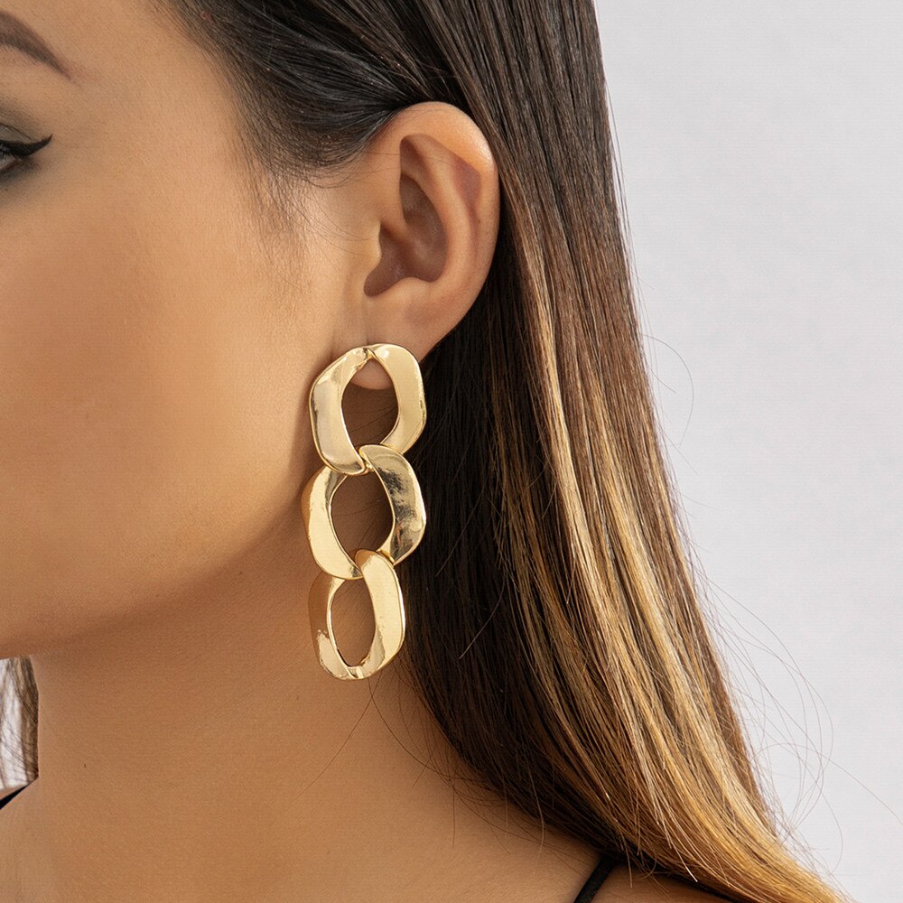 IngeSight.Z  Punk Exaggerated Long Chain Ring Buckle Drop Earrings for Women Vintage Geometric Hollow Hip Hop Earring Party Gift