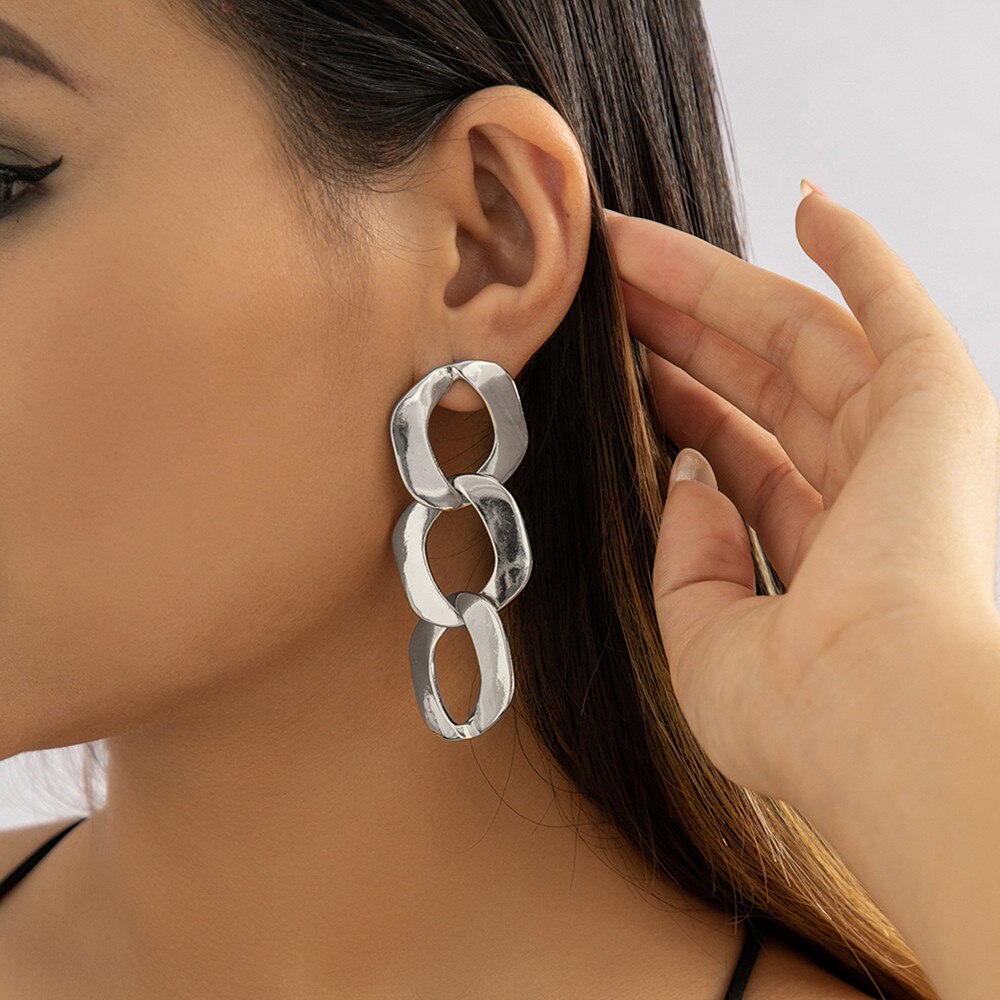 IngeSight.Z  Punk Exaggerated Long Chain Ring Buckle Drop Earrings for Women Vintage Geometric Hollow Hip Hop Earring Party Gift