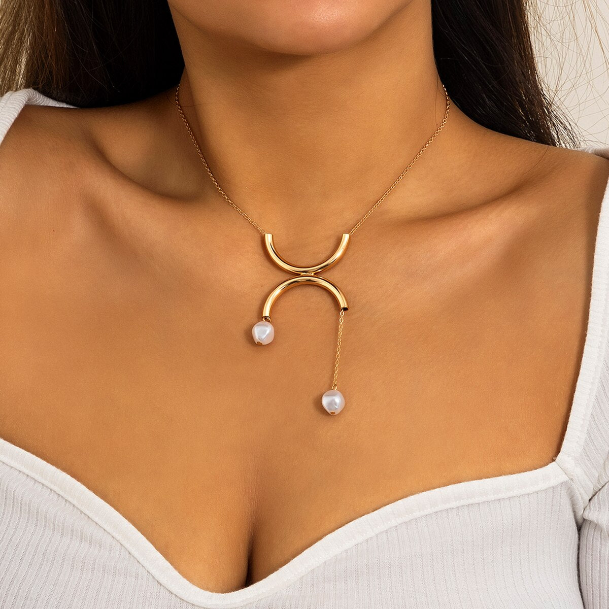 IngeSight.Z Punk Geometric Half Metal Tube Pendant Necklaces for Women Imitation Pearls Chain Choker Necklaces Jewelry