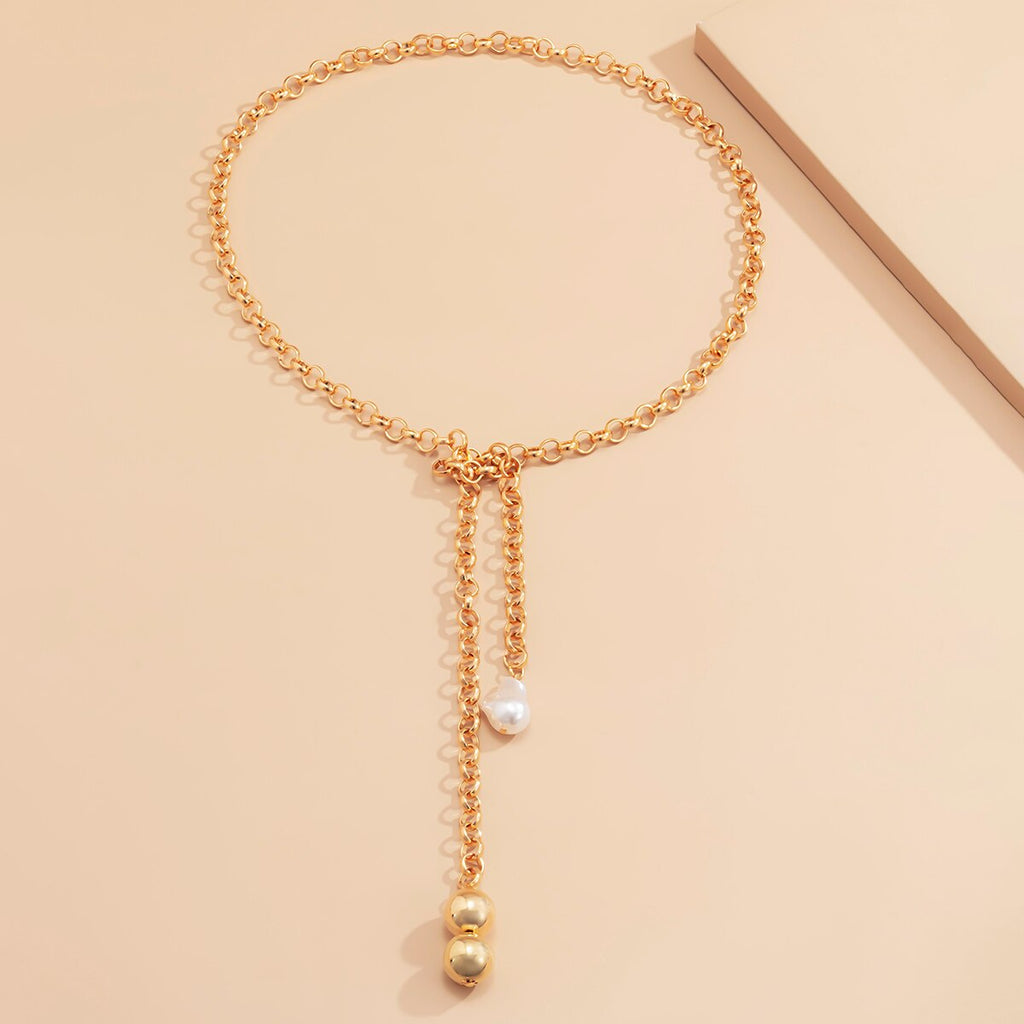 IngeSight.Z Punk Gold Color Link Chain Long Necklace Imitation Pearl Baroque Small Ball Pendant Necklaces for Women Jewelry Gift