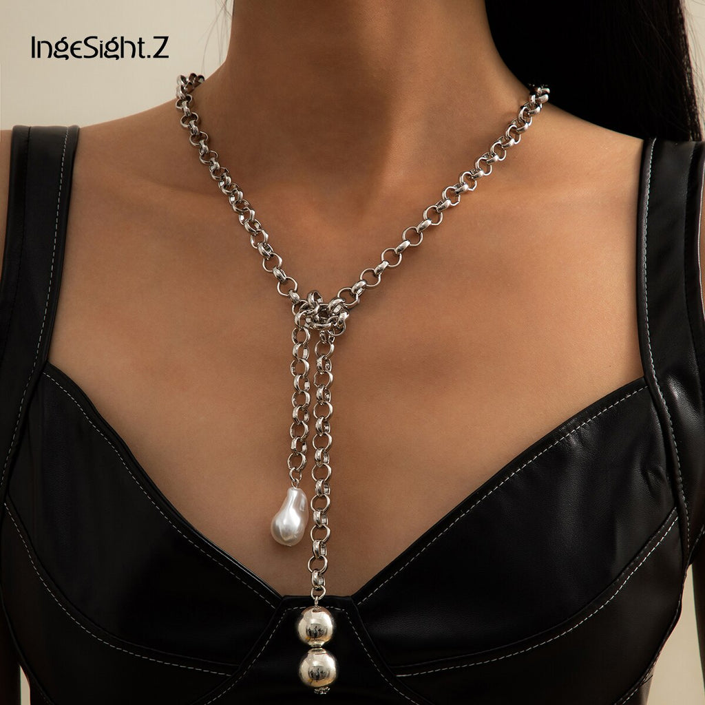 IngeSight.Z Punk Gold Color Link Chain Long Necklace Imitation Pearl Baroque Small Ball Pendant Necklaces for Women Jewelry Gift