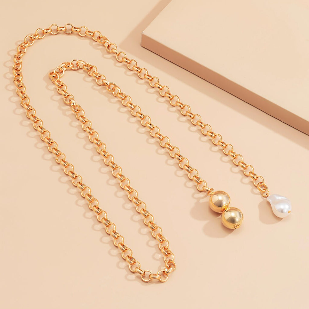 IngeSight.Z Punk Gold Color Link Chain Long Necklace Imitation Pearl Baroque Small Ball Pendant Necklaces for Women Jewelry Gift