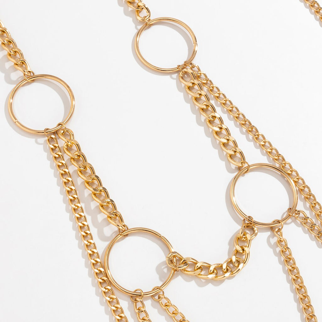 IngeSight.Z Punk Gold Color Shoulder Chain Body Chain Set for Women Big Circle Bikini Chest Chain Tassel Waist Chain