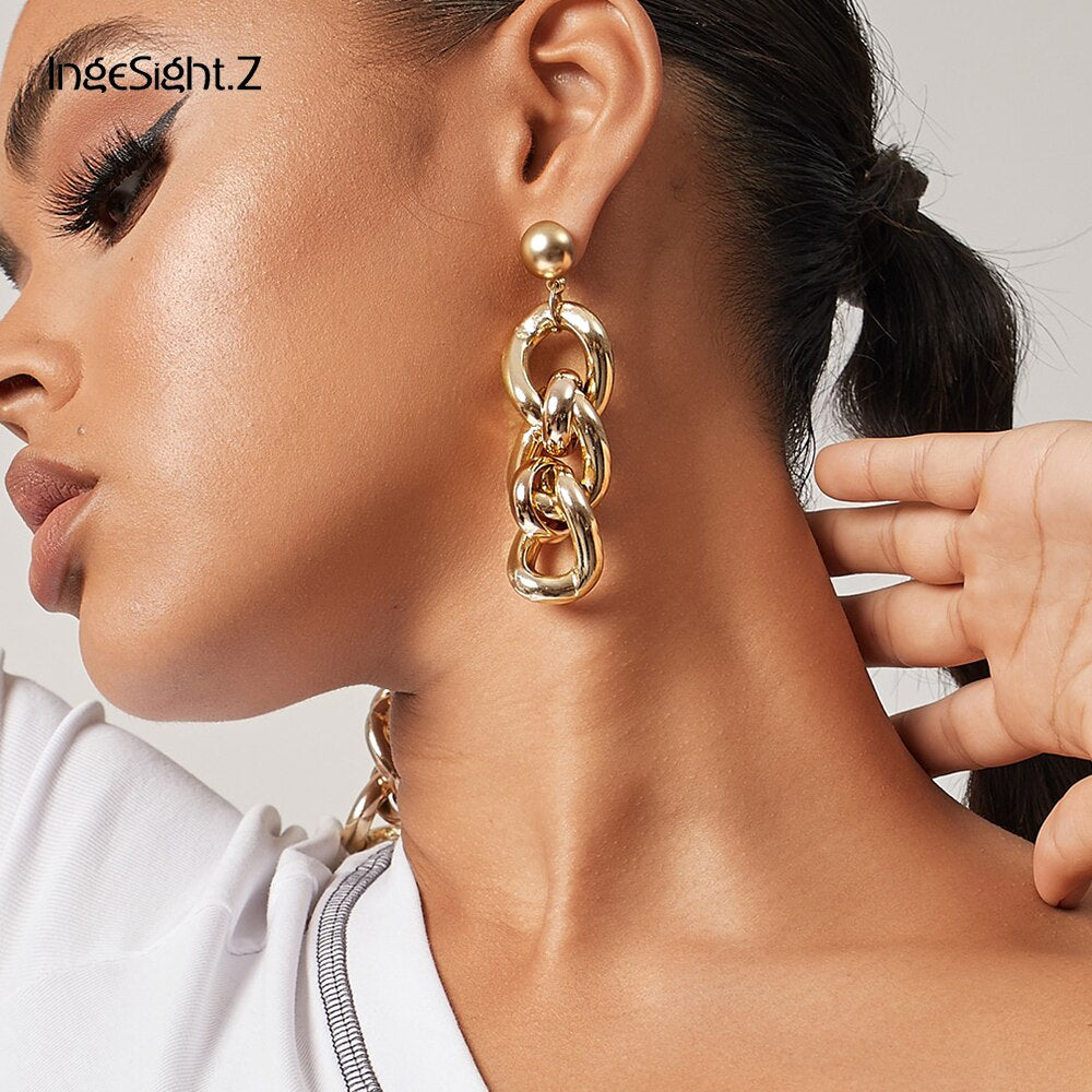 IngeSight.Z Punk Gold Color Thick Link Chain Drop Dangle Earrings Chunky Metal Hanging Earrings Oorbellen Brincos Women Jewelry