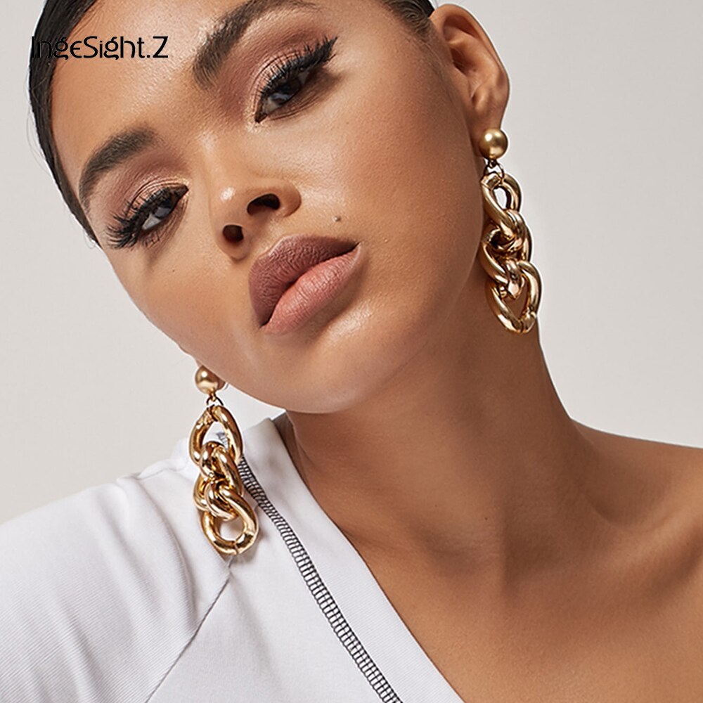 IngeSight.Z Punk Gold Color Thick Link Chain Drop Dangle Earrings Chunky Metal Hanging Earrings Oorbellen Brincos Women Jewelry