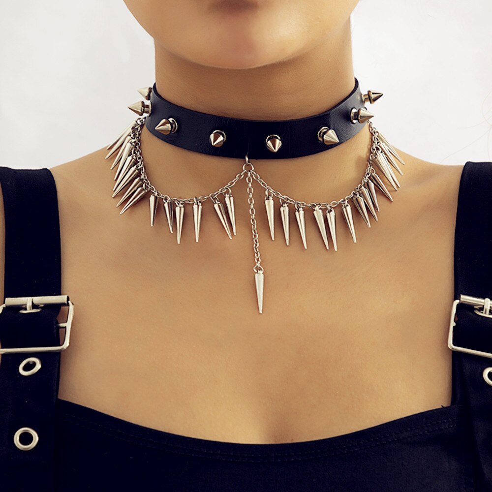 IngeSight.Z Punk Gothic PU Leather Studded Rivets Choker Necklace for Women Men Rock Metal Choker Body Jewelry Party Gift 2022