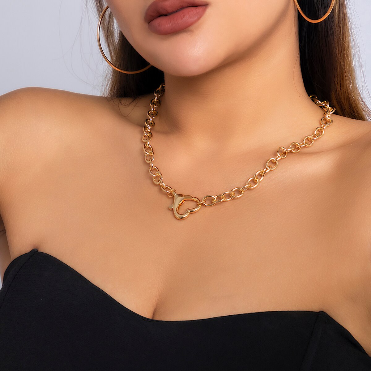 IngeSight.Z Punk Heart Shaped Buckle Chunky Chain Choker Necklace  for Women Vintage Gold Color Thick Chain Collar Party Jewelry