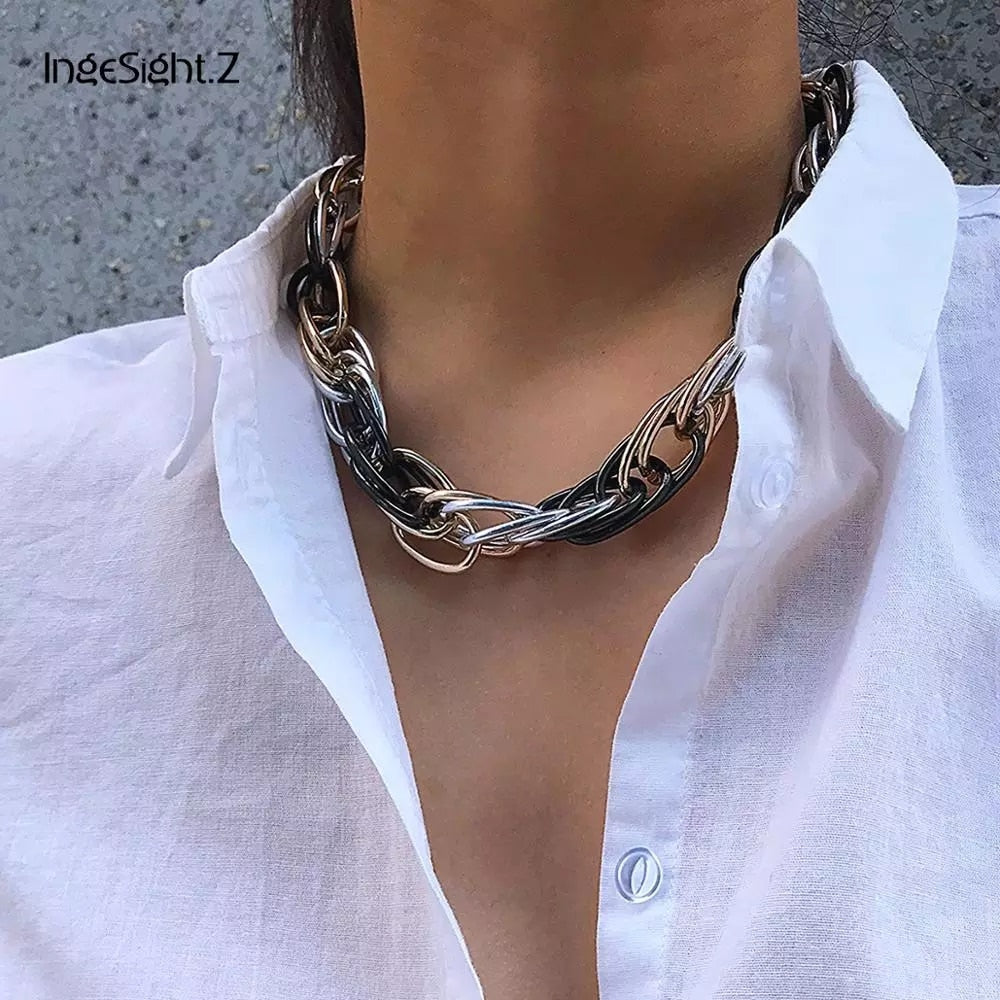 IngeSight.Z Punk Hip Hop Curb Cuban Twisted Choker Necklace Vintage Mix Color Chunky Thick Collar Necklace for Women Men Jewelry