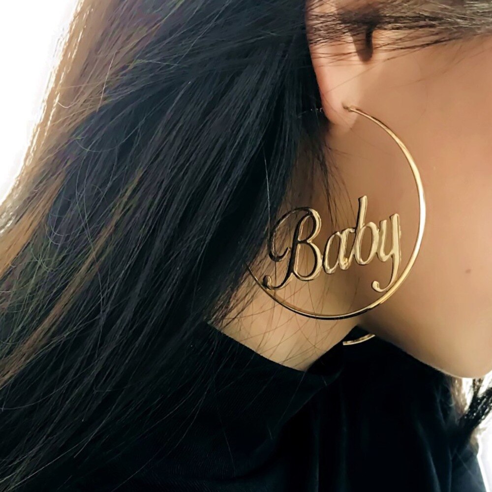 IngeSight.Z Punk Hyperbole Big Circle with Baby Femme Letter Hoop Earrings Women Jewelry Oorbellen Female