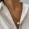 IngeSight.Z Punk Imitation Baroque Pearl Pendant Long Necklace for Women Curb Cuban Thick Chain Toggle Clasp Necklace Jewelry