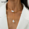 IngeSight.Z Punk Imitation Pearl Baroque Choker Necklace Simple Minimalist Link Chain Long Pendant Necklaces for Women Jewelry