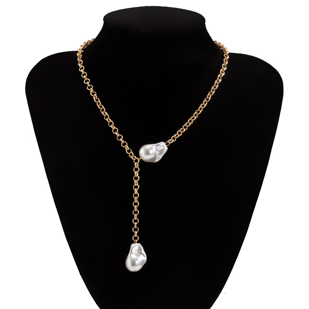 IngeSight.Z Punk Imitation Pearl Baroque Choker Necklace Simple Minimalist Link Chain Long Pendant Necklaces for Women Jewelry