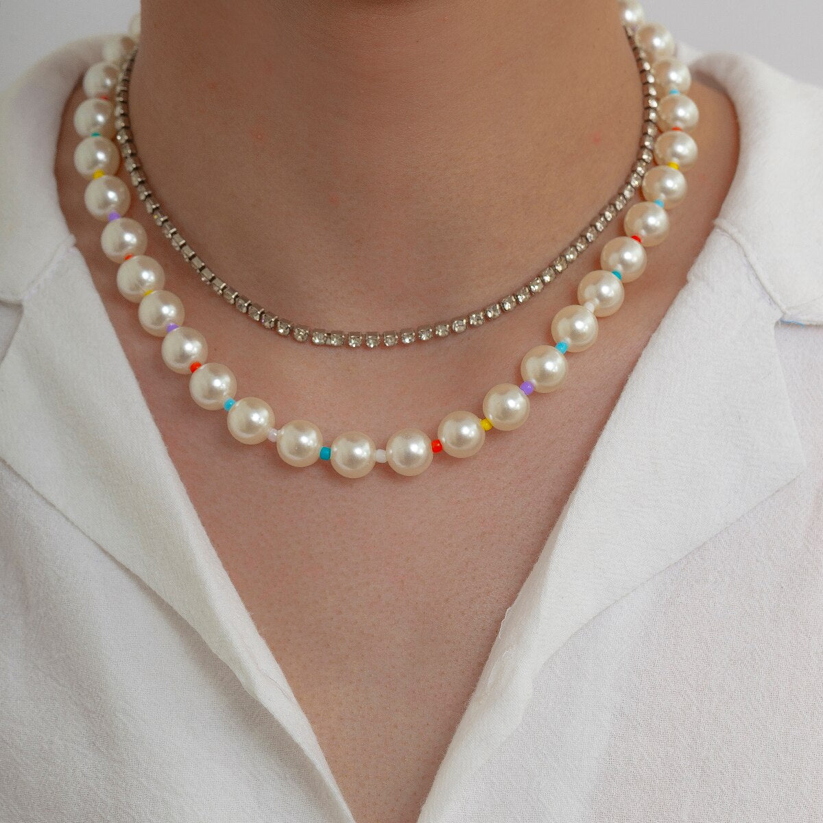IngeSight.Z Punk Layered Imitation Pearl Rhinestone Choker Necklaces for Men Women Acrylic Seed Beaded Jewelry Set