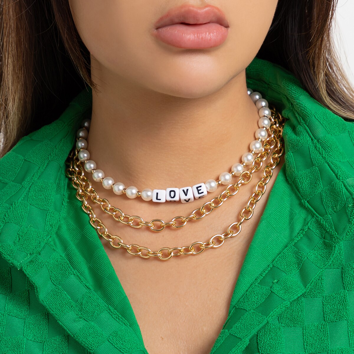 IngeSight.Z Punk Letter Beaded Heavy Metal Thick Chain Pendant Necklace For Women Vintage Imitation Pearls Choker Necklace Gift