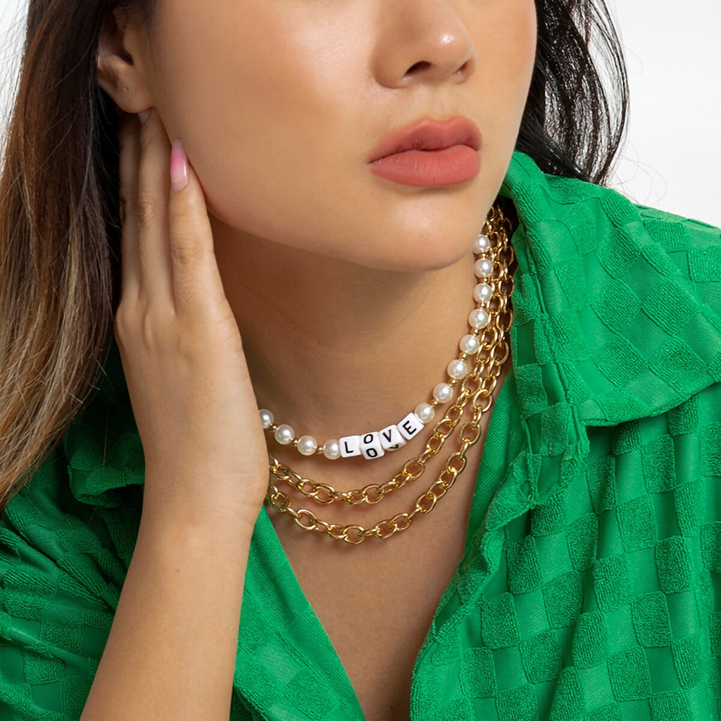 IngeSight.Z Punk Letter Beaded Heavy Metal Thick Chain Pendant Necklace For Women Vintage Imitation Pearls Choker Necklace Gift