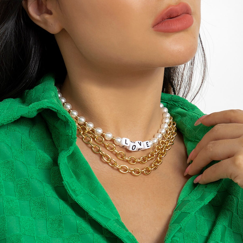 IngeSight.Z Punk Letter Beaded Heavy Metal Thick Chain Pendant Necklace For Women Vintage Imitation Pearls Choker Necklace Gift