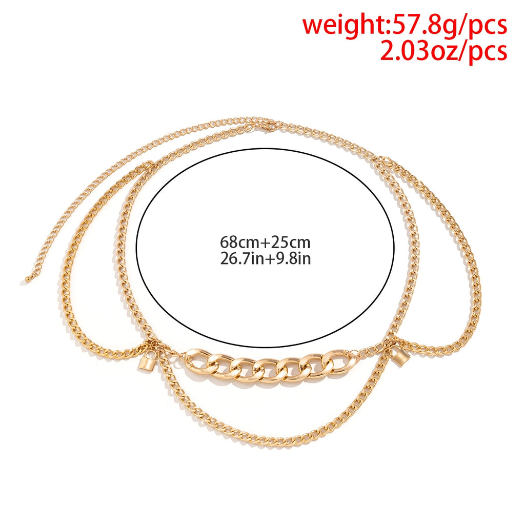 IngeSight.Z Punk Lock Pendant Chunky Thick Waist Chain for Women Multilayer Gothic Gold Color Cuban Chain Dress Waistband Belts