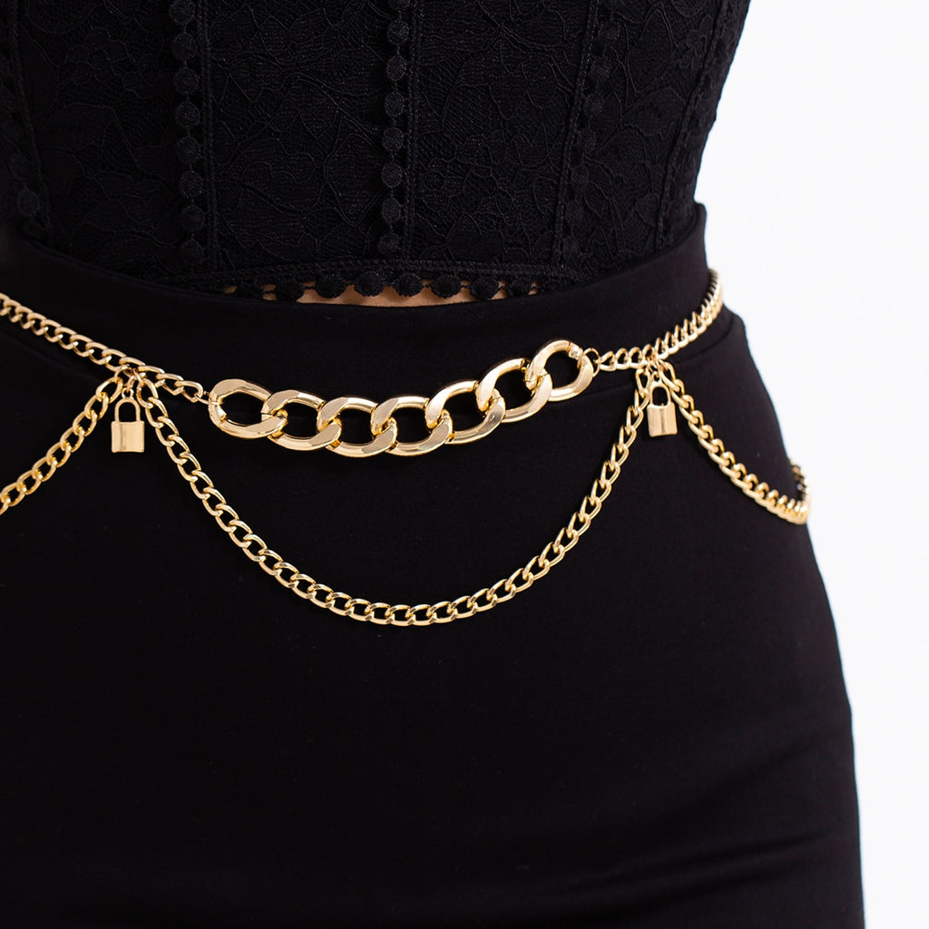 IngeSight.Z Punk Lock Pendant Chunky Thick Waist Chain for Women Multilayer Gothic Gold Color Cuban Chain Dress Waistband Belts