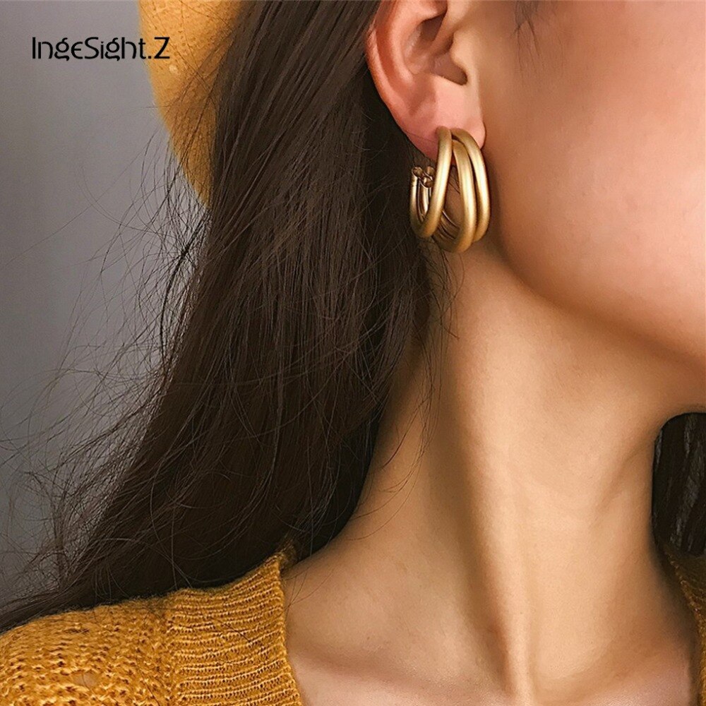 IngeSight.Z Punk Matte Gold Color Geometric Twisted Curved Cross Round Circle Stud Earrings for Statement Women Jewelry Gifts