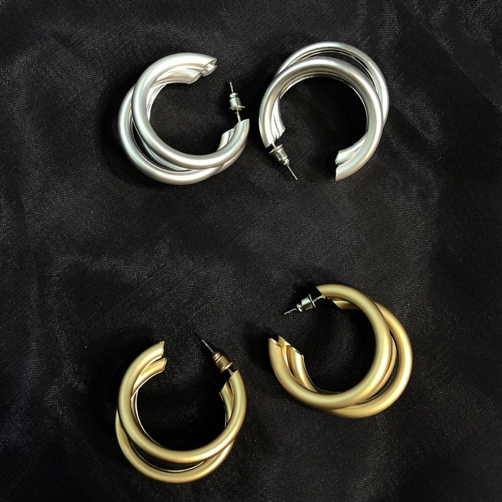 IngeSight.Z Punk Matte Gold Color Geometric Twisted Curved Cross Round Circle Stud Earrings for Statement Women Jewelry Gifts