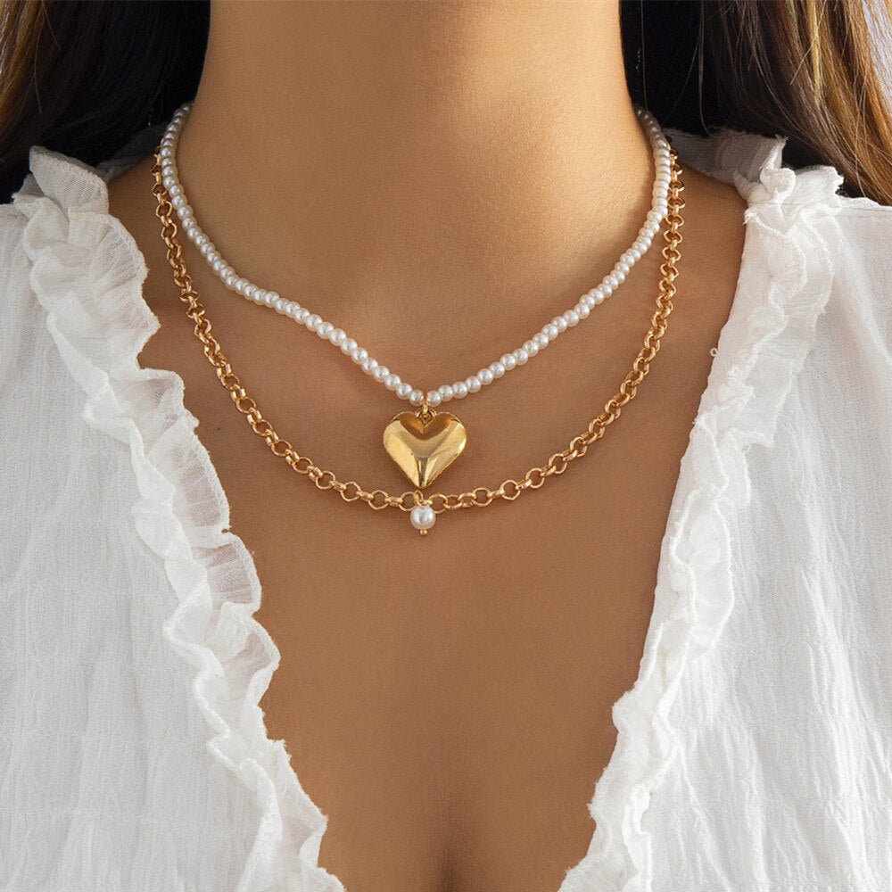 IngeSight.Z Punk Metal Love Heart Pendant Pearl Beaded Necklace For Women Vintage Elegant Clavicle Chain Jewelry Gifts