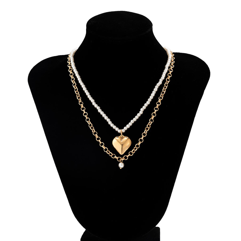 IngeSight.Z Punk Metal Love Heart Pendant Pearl Beaded Necklace For Women Vintage Elegant Clavicle Chain Jewelry Gifts