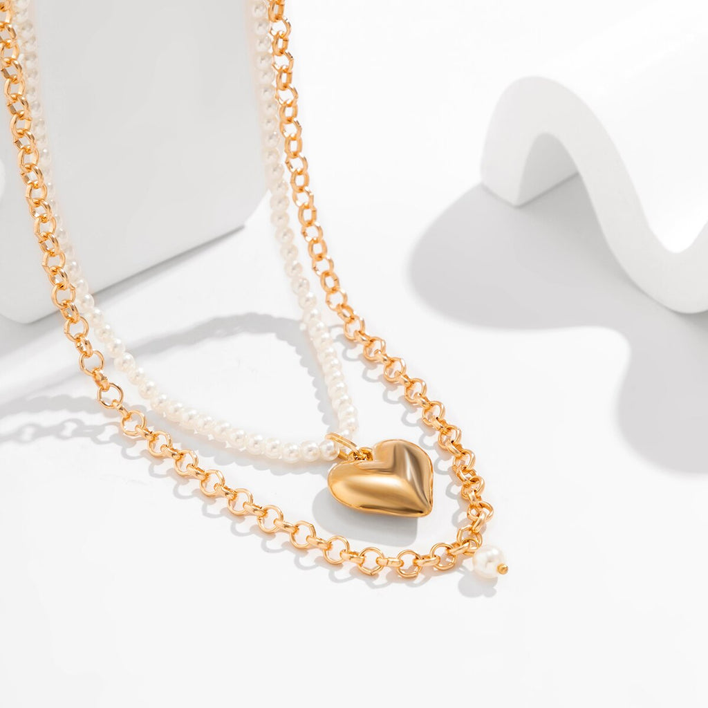 IngeSight.Z Punk Metal Love Heart Pendant Pearl Beaded Necklace For Women Vintage Elegant Clavicle Chain Jewelry Gifts
