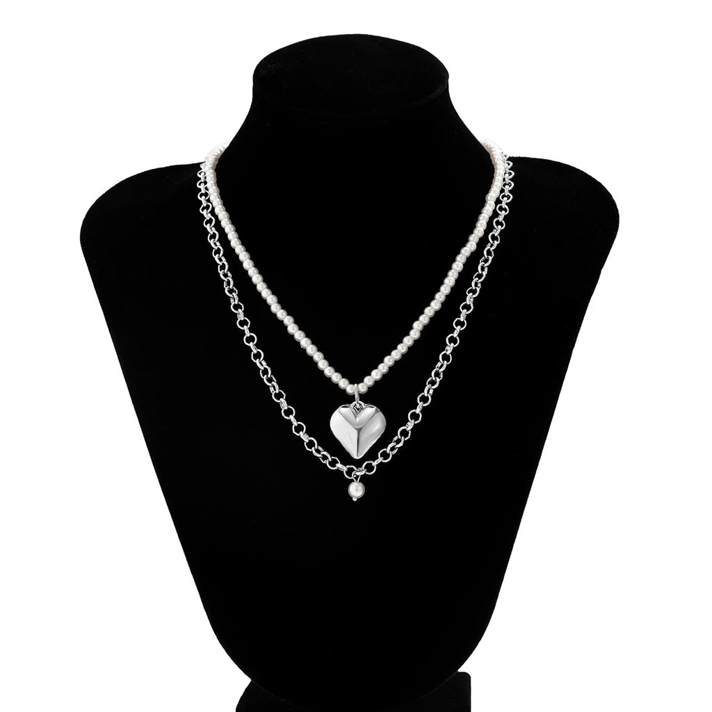 IngeSight.Z Punk Metal Love Heart Pendant Pearl Beaded Necklace For Women Vintage Elegant Clavicle Chain Jewelry Gifts