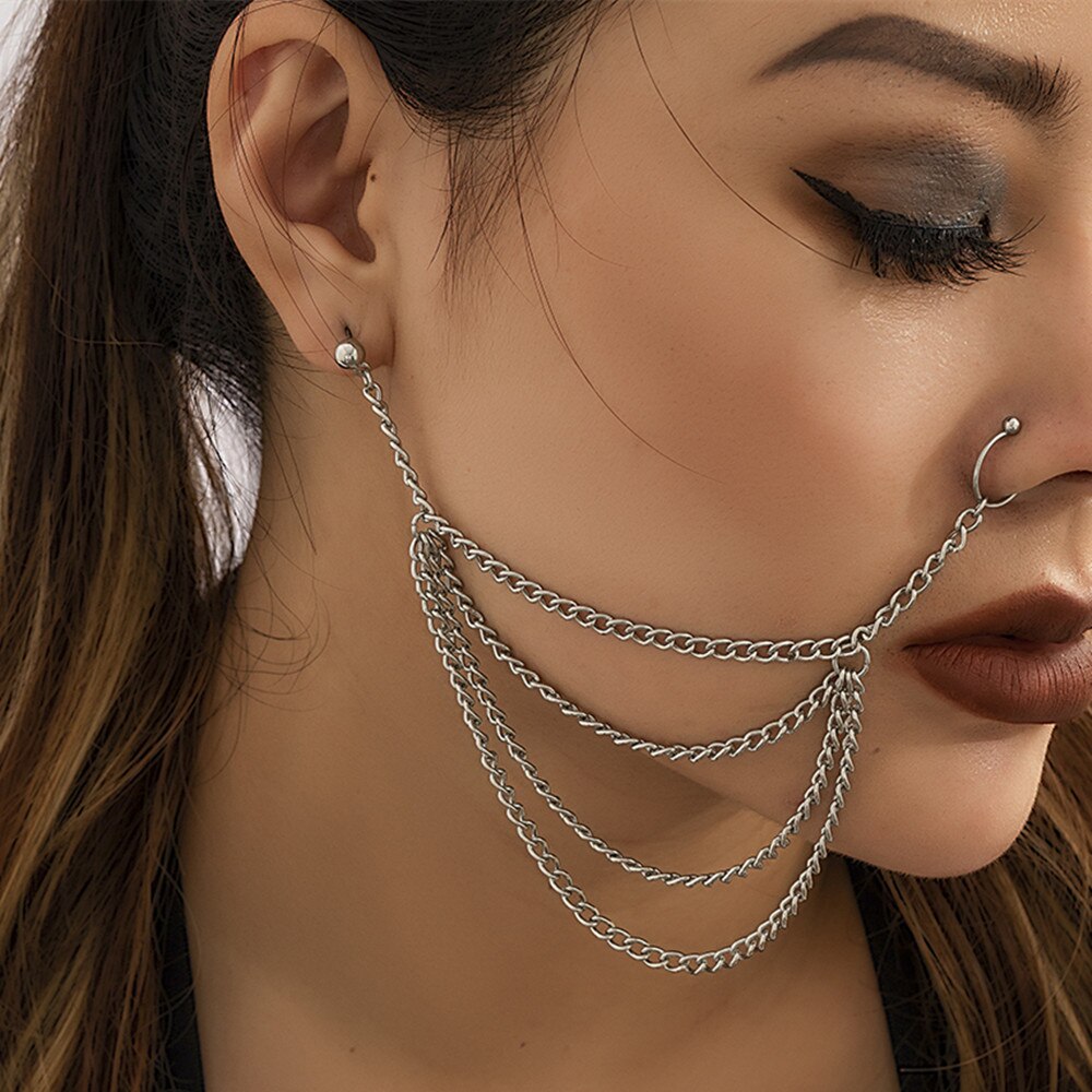 IngeSight.Z Punk Metal Tassel Multilayer Nose Earrings Chain for Women Hip Hop One-piece Nose Ring Piercing Stud Body Jewelry