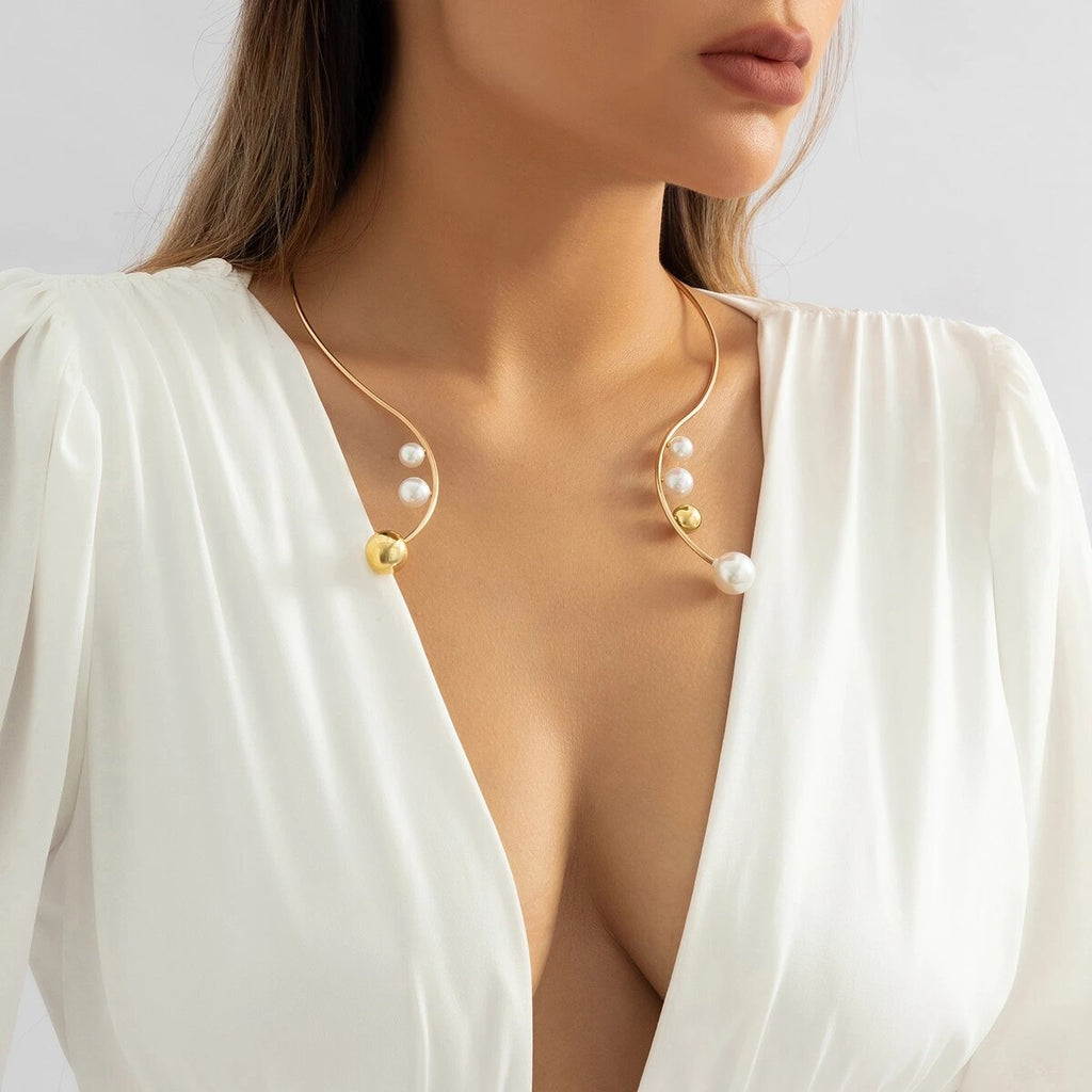 IngeSight.Z Punk Metal Torques Simulated Pearls Choker Necklace For Women Elegant Big Balls Short Choker Collares Party Jewelry