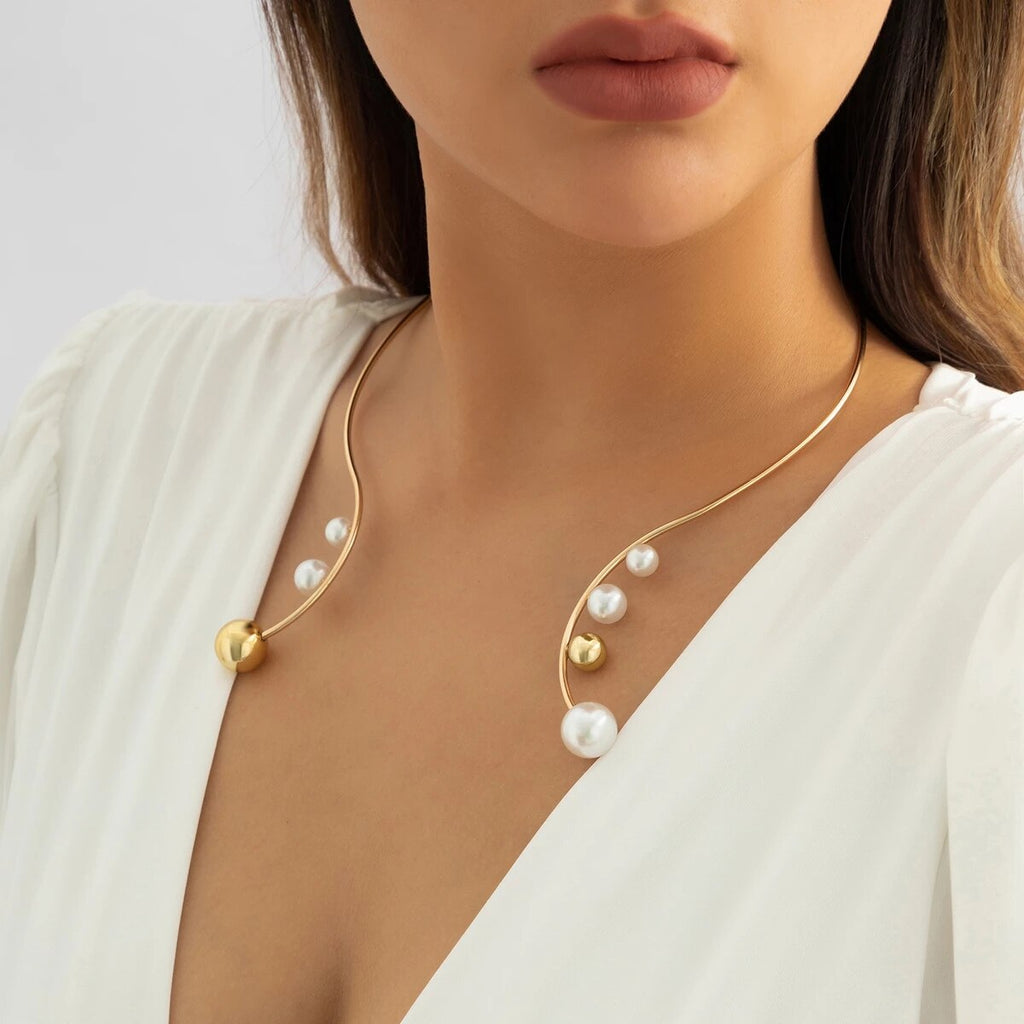 IngeSight.Z Punk Metal Torques Simulated Pearls Choker Necklace For Women Elegant Big Balls Short Choker Collares Party Jewelry