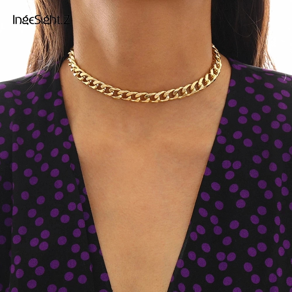 IngeSight.Z Punk Miami Cuban Thick Short Choker Necklace Collar Simple Minimalist Gold Color Chunky Necklace for Women Jewelry