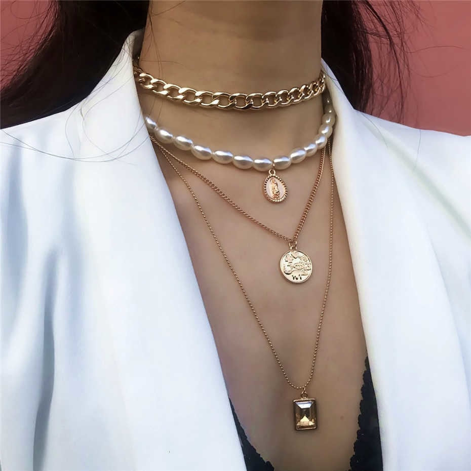 IngeSight.Z Punk Multi Layered Pearl Choker Necklace Collar Statement Virgin Mary Coin Crystal Pendant Necklace Women Jewelry