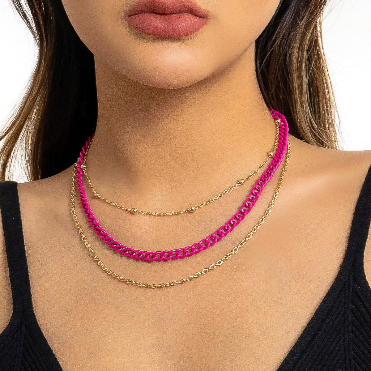 IngeSight.Z Punk Multicolor Spray Painted Cuban Chain Necklace Set for Women Multilayer Vintage Gold Color Beads Clavicle Chain