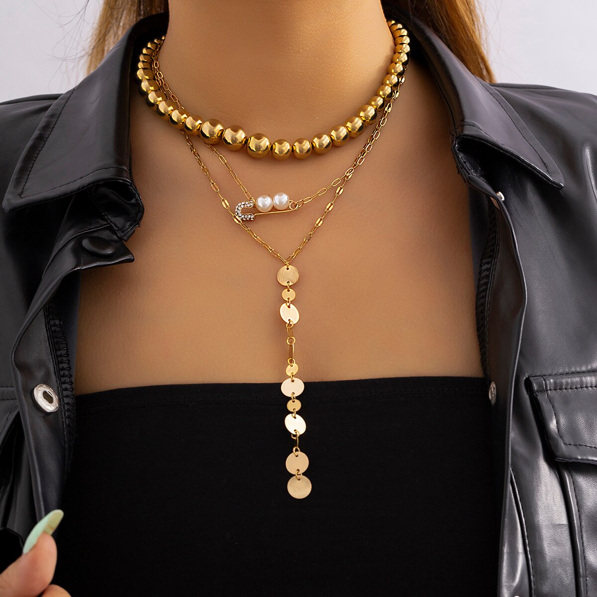 IngeSight.Z Punk Multilayer CCB Ball Beads Choker Necklace for Women Pearl Rhinestone Buckle Disc Tassel Long Chain Goth Neck