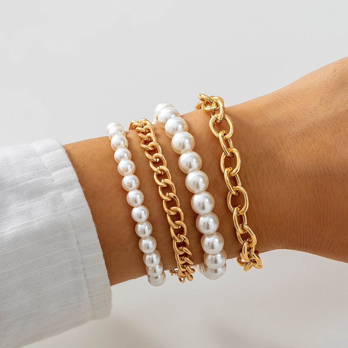 IngeSight.Z Punk Multilayer Imitation Pearls Beaded Miami Cuban Thick Bracelet Set for Women Men Gold Color Charm Wrist Chain